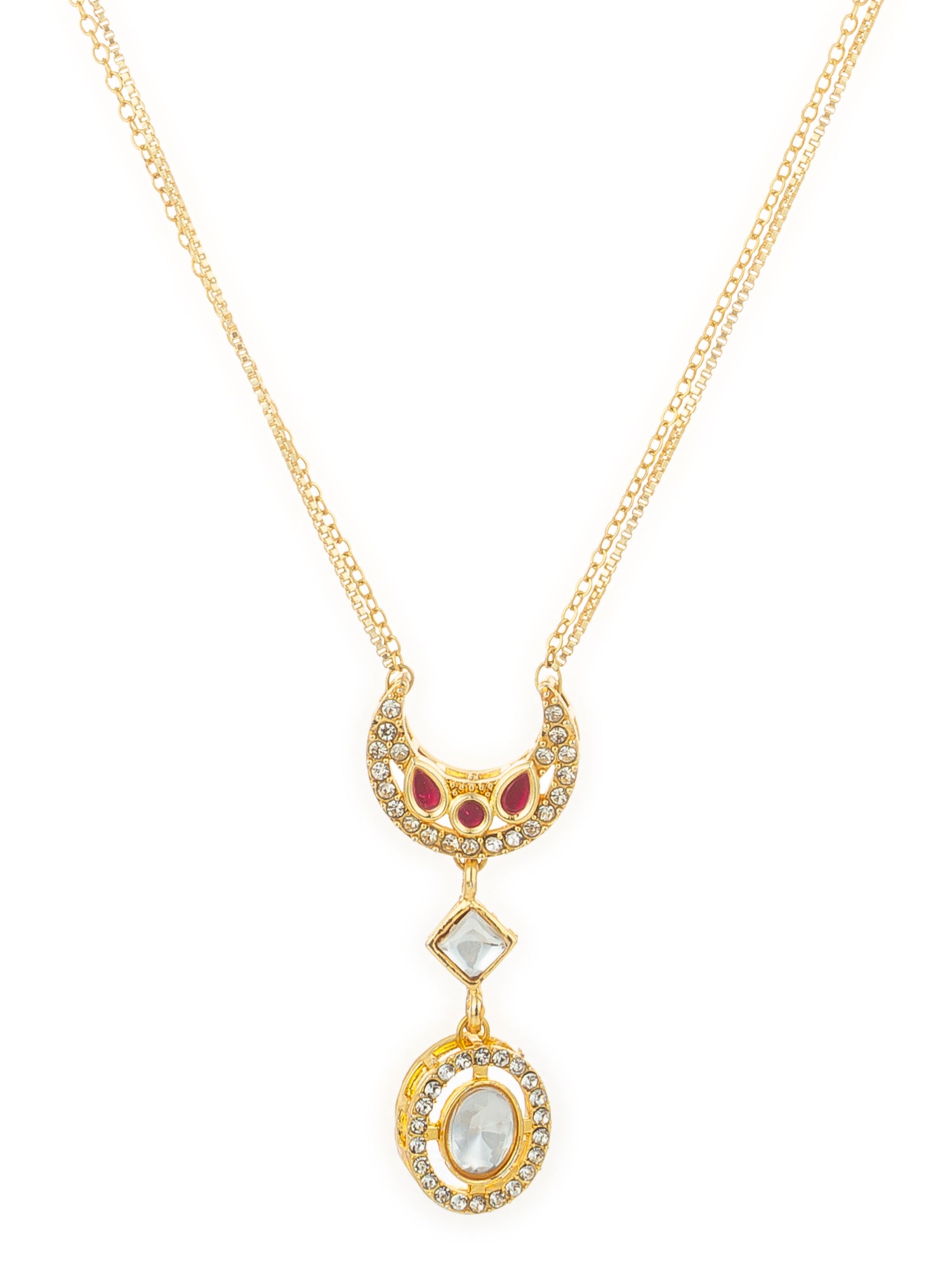 Aadita Gold-Plated Crescent Kundan Pendant Necklace with Ruby and Crystal Accents