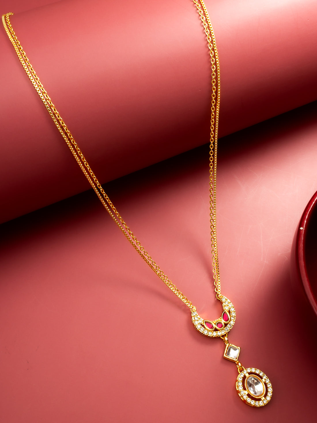 Gold-Plated Crescent Kundan Pendant Necklace with Ruby and Crystal