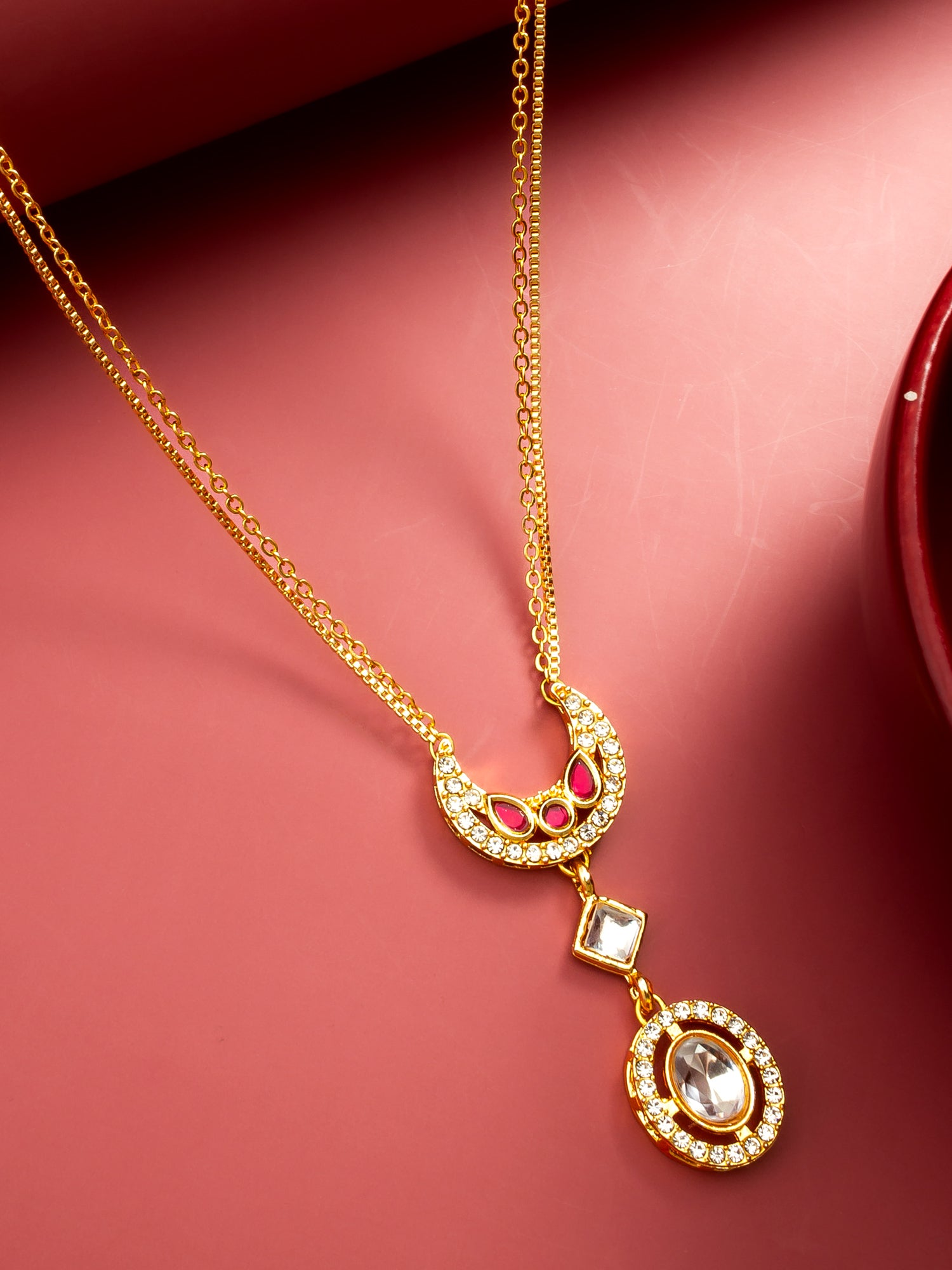 Aadita Gold-Plated Crescent Kundan Pendant Necklace with Ruby and Crystal Accents