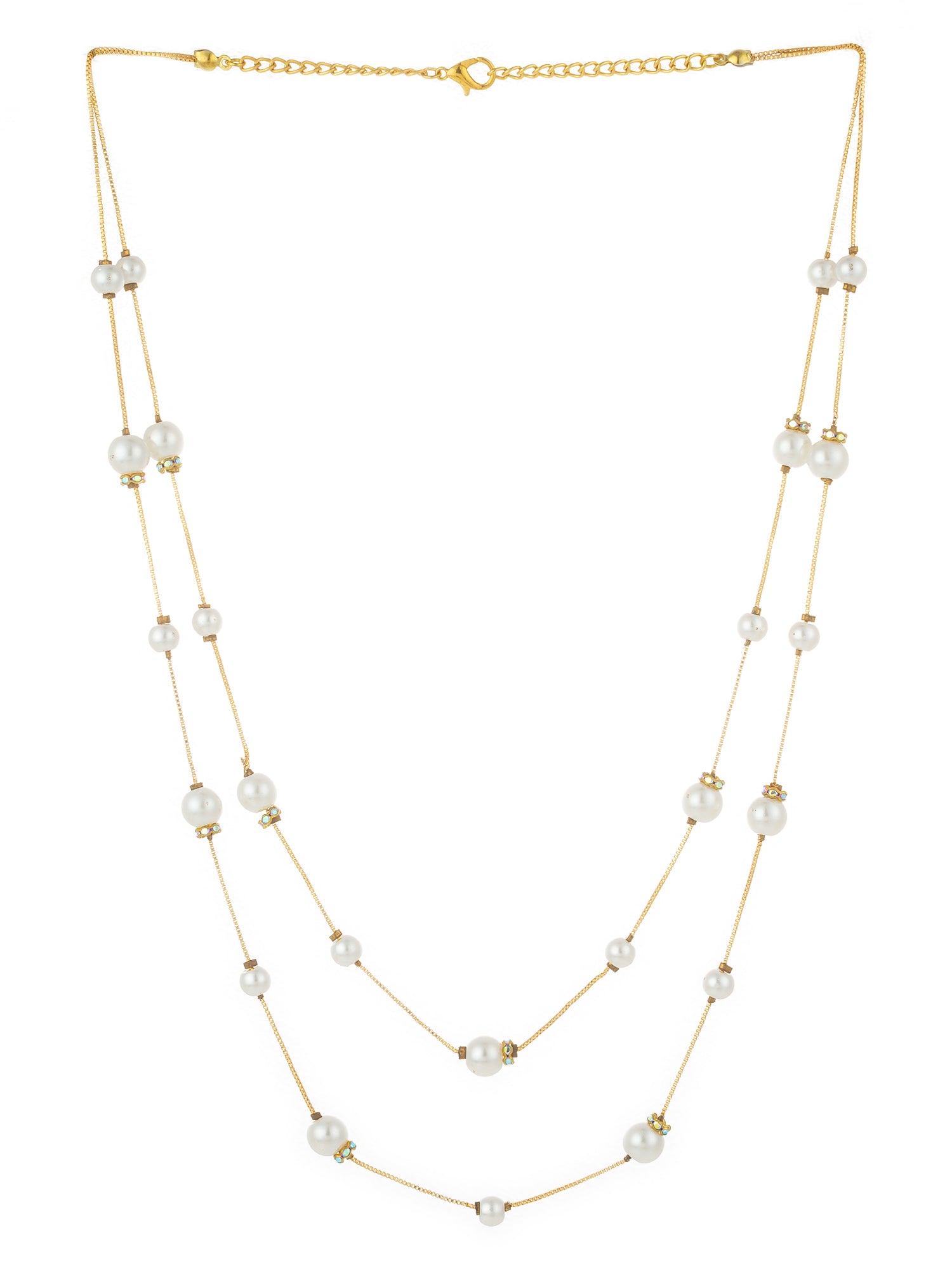 Aadita Gold-Plated Double-Strand Pearl Necklace with Crystal Spacers