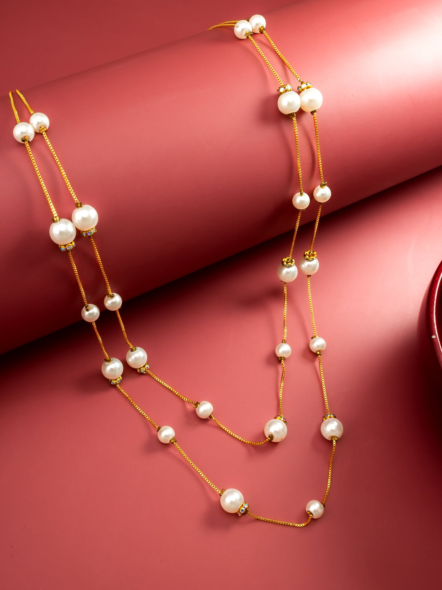Aadita Gold-Plated Double-Strand Pearl Necklace with Crystal Spacers