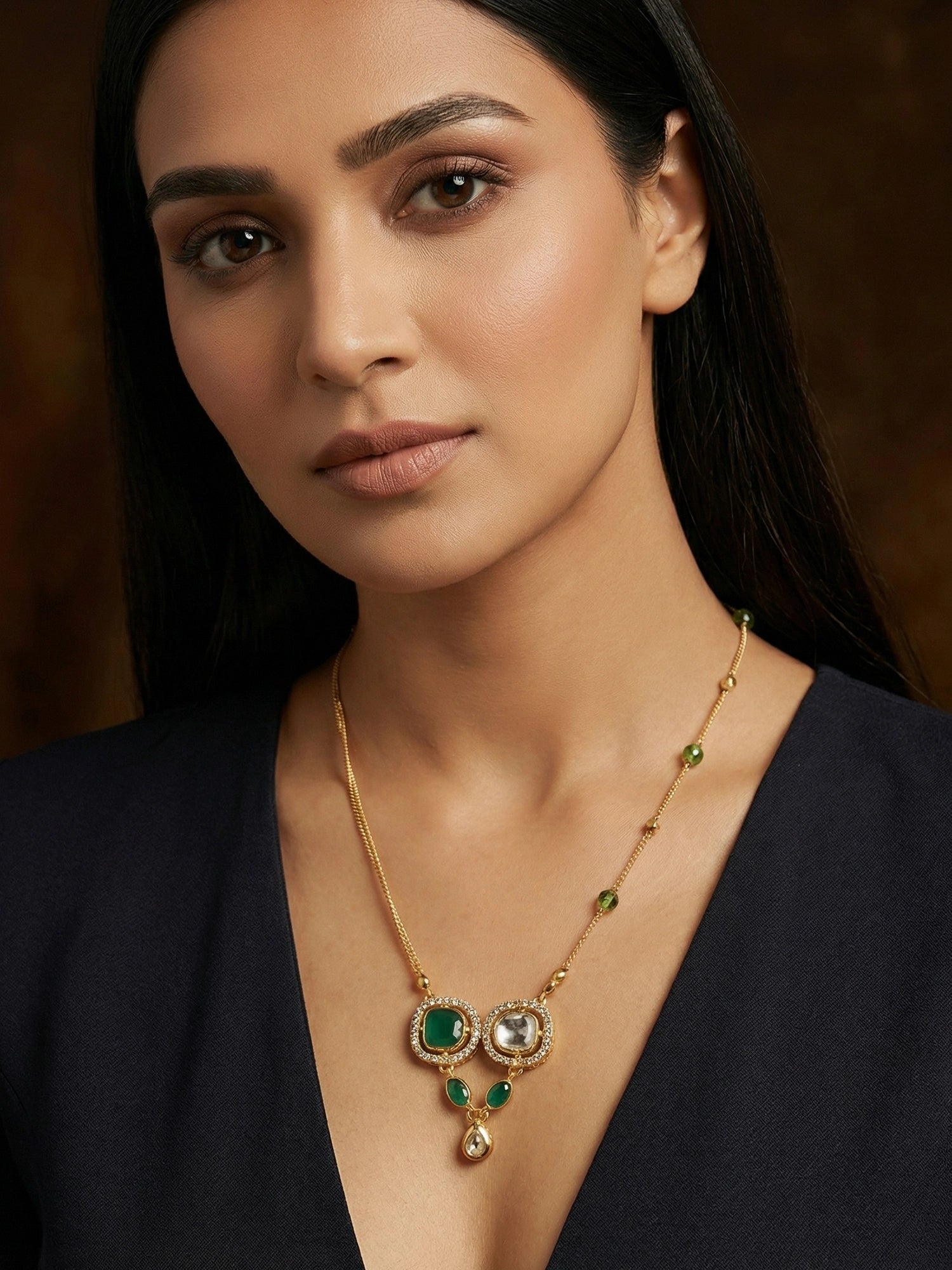 Aadita Gold-Plated Kundan and Green Stone Twin Pendant Necklace with Bead Chain