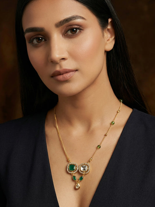 Aadita Gold-Plated Kundan and Green Stone Twin Pendant Necklace with Bead Chain
