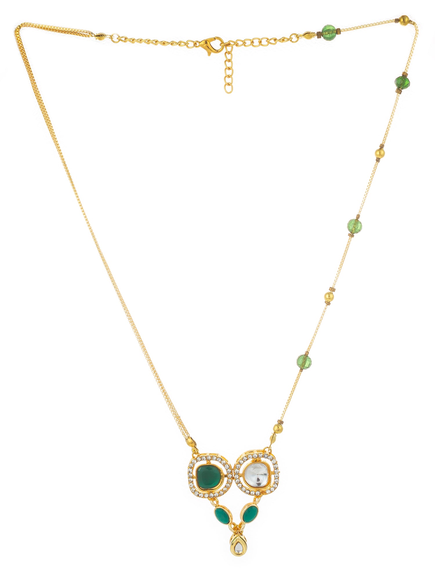 Aadita Gold-Plated Kundan and Green Stone Twin Pendant Necklace with Bead Chain