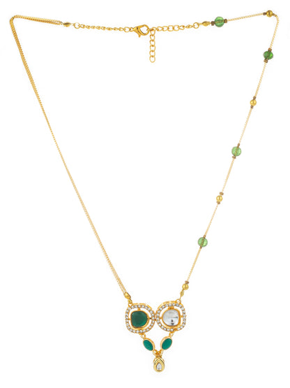 Aadita Gold-Plated Kundan and Green Stone Twin Pendant Necklace with Bead Chain