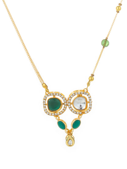 Aadita Gold-Plated Kundan and Green Stone Twin Pendant Necklace with Bead Chain
