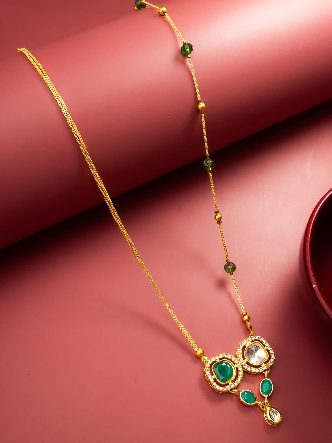 Gold-Plated Kundan and Green Stone Twin Pendant Necklace with Chain