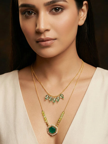 Aadita Gold-Plated Layered Green Stone Hexagon Pendant Necklace with Crystal Bead