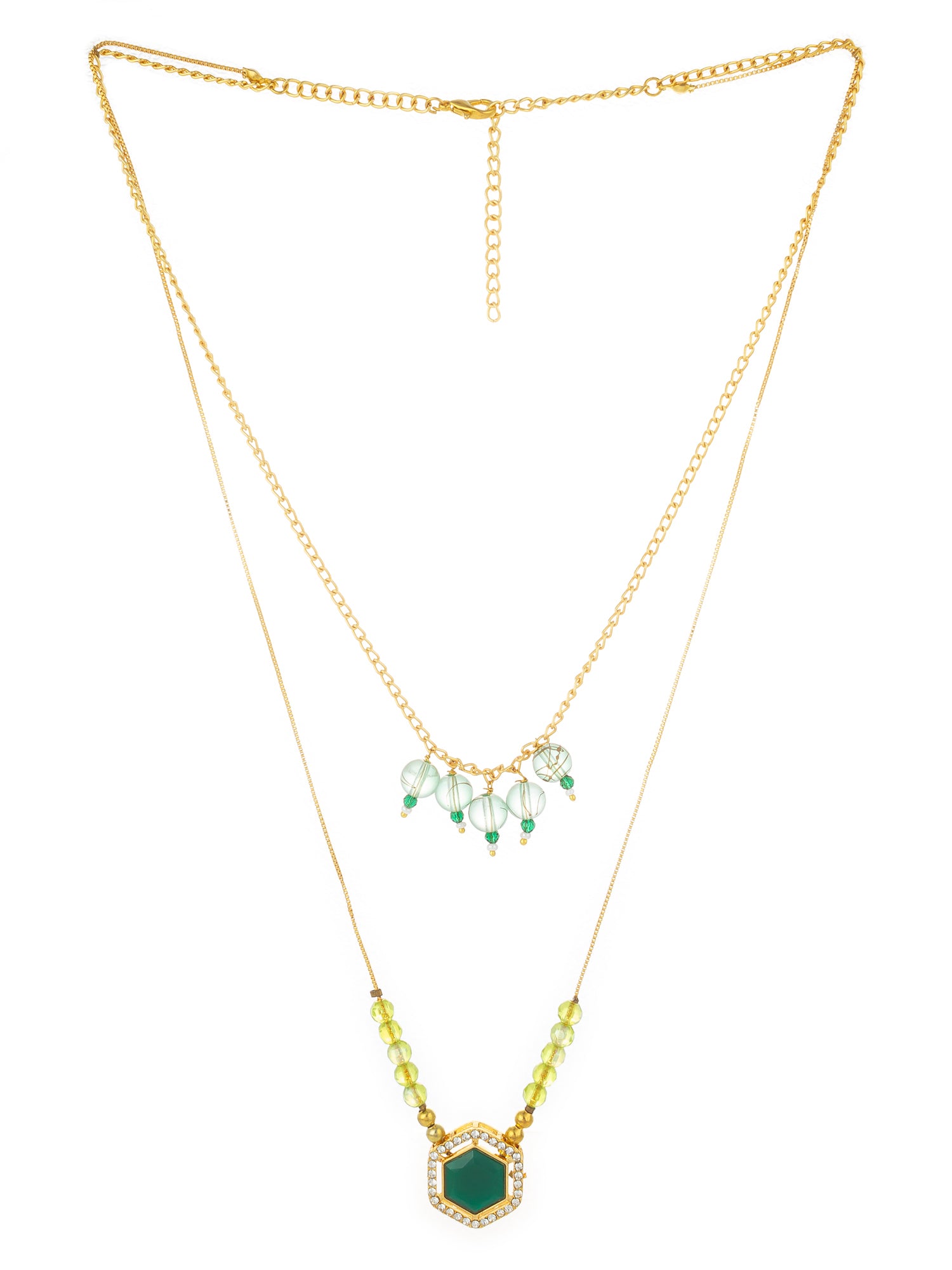 Aadita Gold-Plated Layered Green Stone Hexagon Pendant Necklace with Crystal Bead