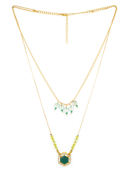 Aadita Gold-Plated Layered Green Stone Hexagon Pendant Necklace with Crystal Bead