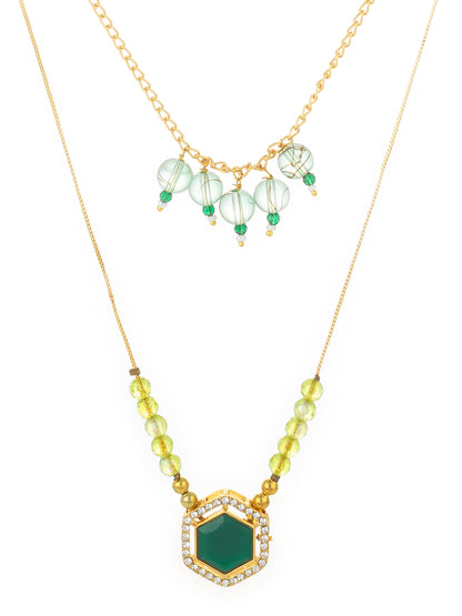 Aadita Gold-Plated Layered Green Stone Hexagon Pendant Necklace with Crystal Bead