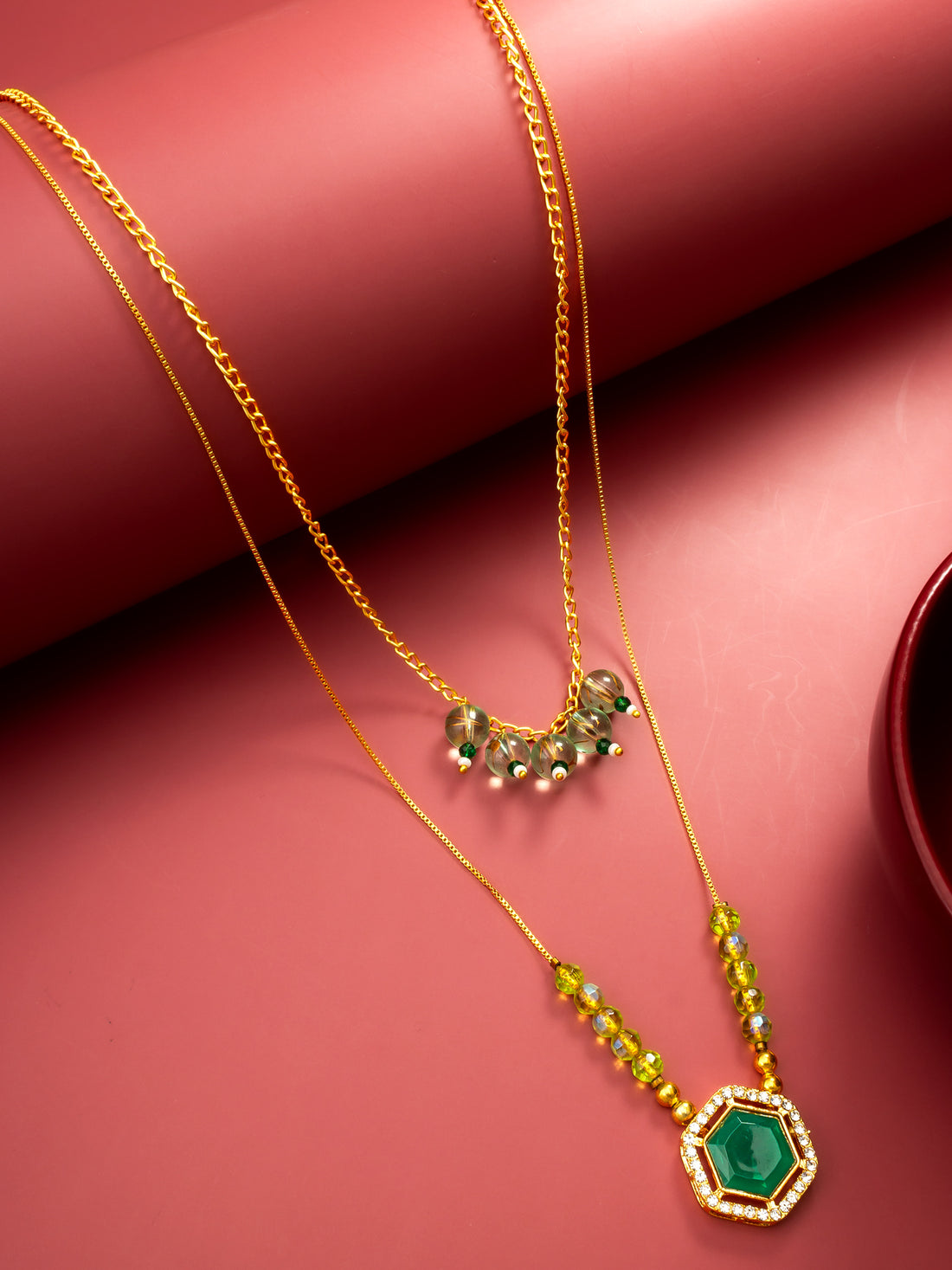 Gold-Plated Layered Green Stone Hexagon Pendant with Crystal Bead