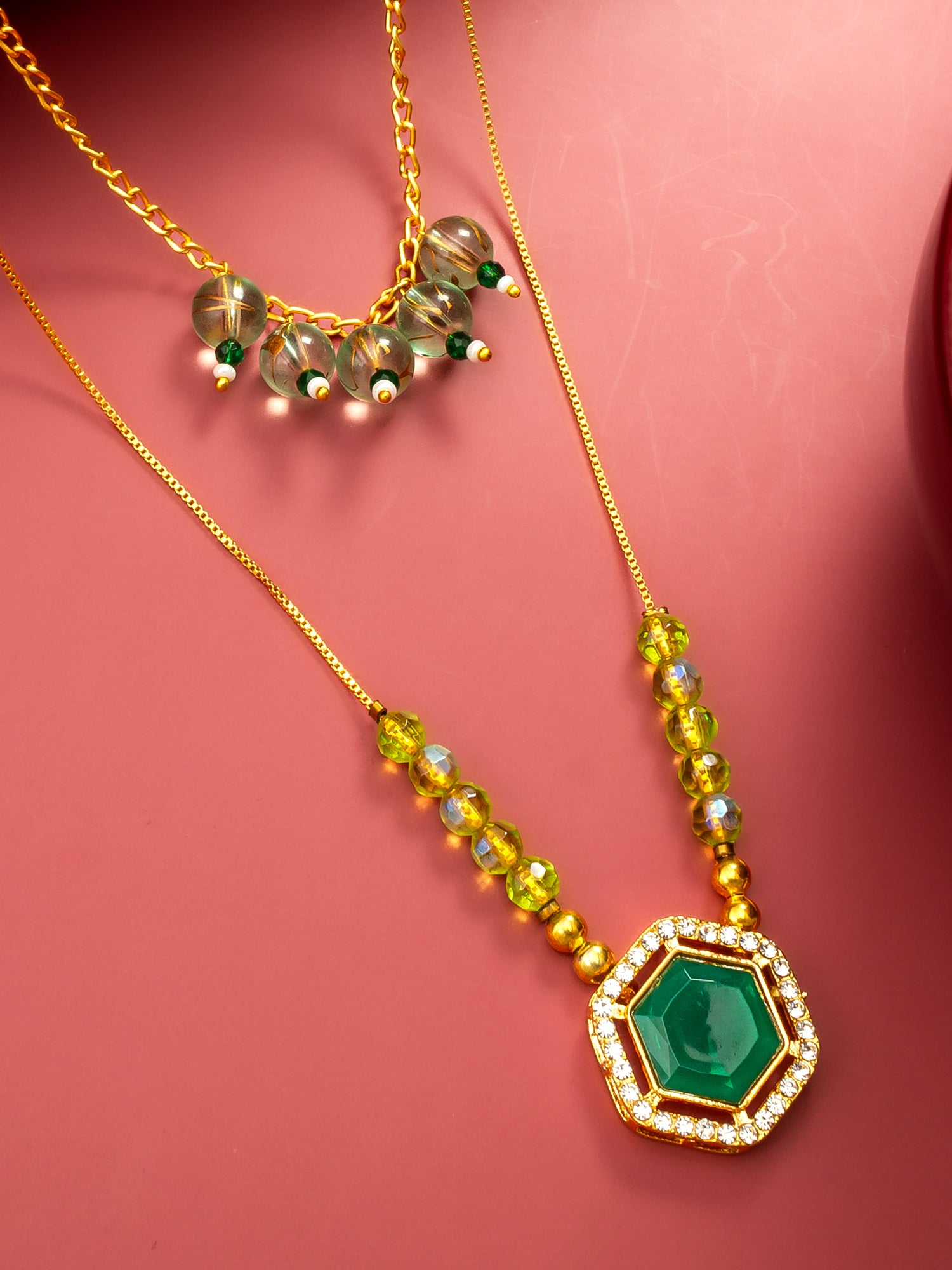 Aadita Gold-Plated Layered Green Stone Hexagon Pendant Necklace with Crystal Bead