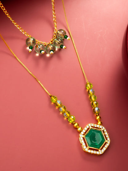 Aadita Gold-Plated Layered Green Stone Hexagon Pendant Necklace with Crystal Bead