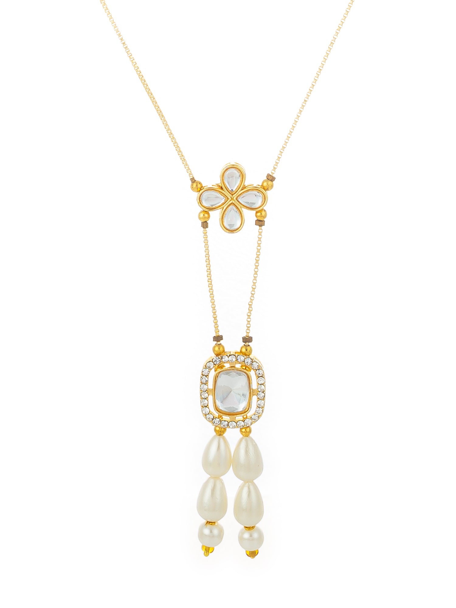 Aadita Gold Plated Kundan Pendant Necklace with Pearl Drops and Floral Motif