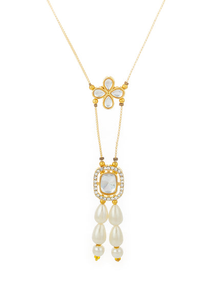 Aadita Gold Plated Kundan Pendant Necklace with Pearl Drops and Floral Motif