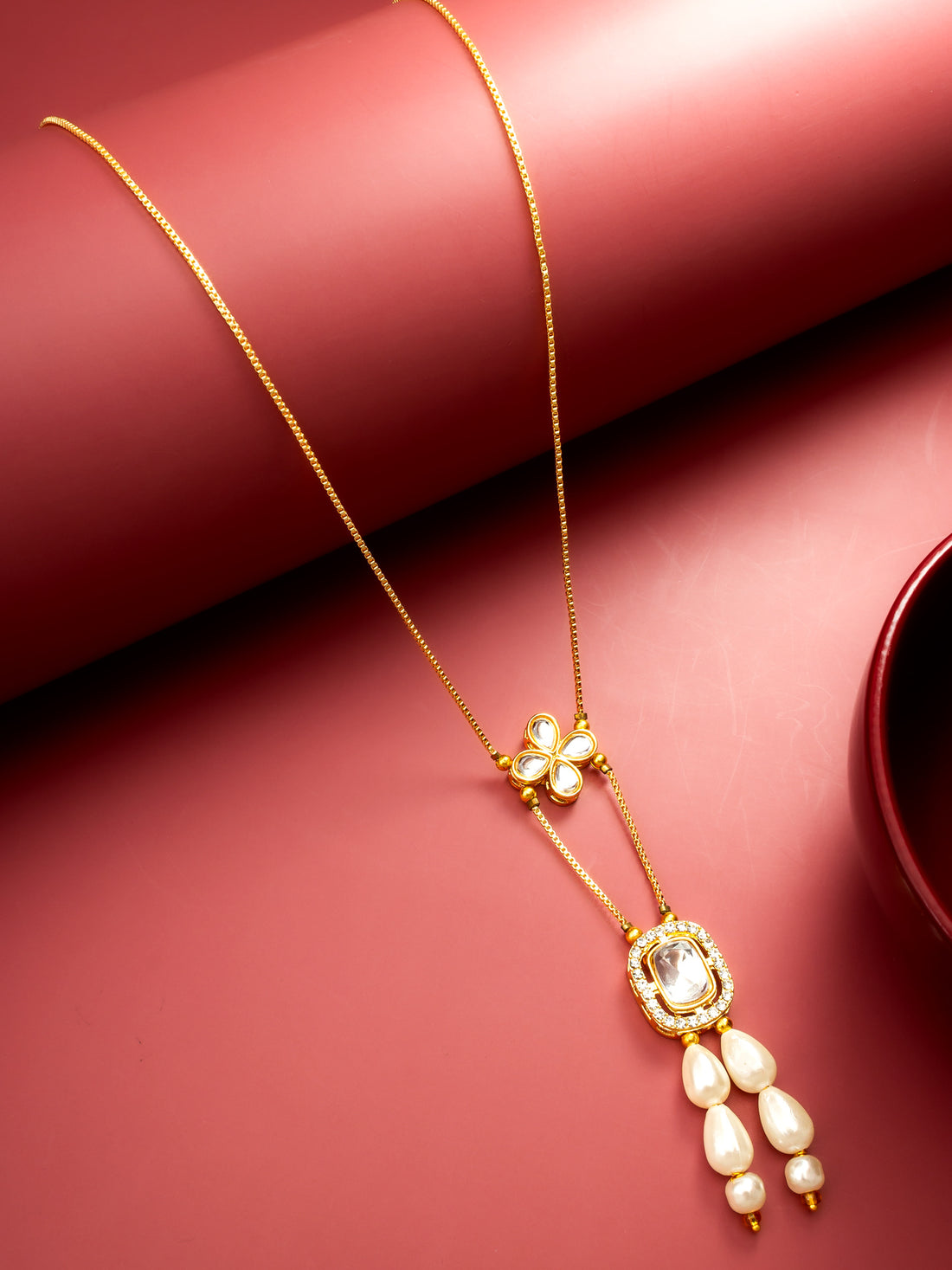 Gold Plated Kundan Pendant Necklace with Pearl Drops and Floral Motif
