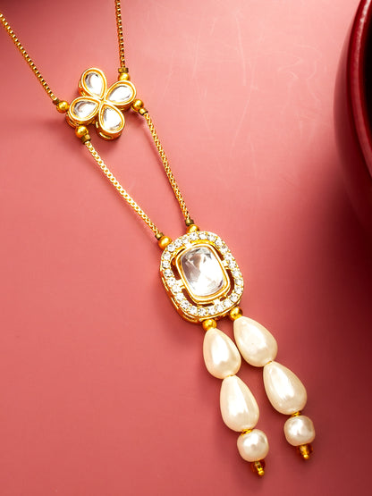 Aadita Gold Plated Kundan Pendant Necklace with Pearl Drops and Floral Motif