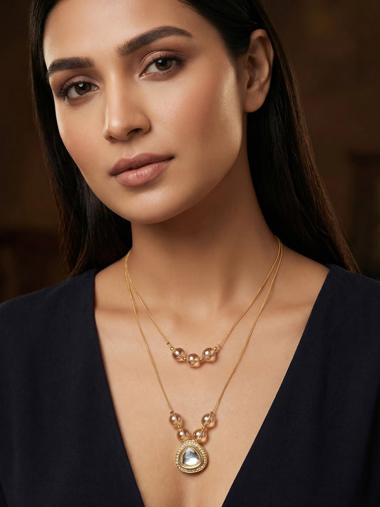 Aadita Gold Plated Double Layer Kundan Necklace with Crystal Beads and Triangular Pendant