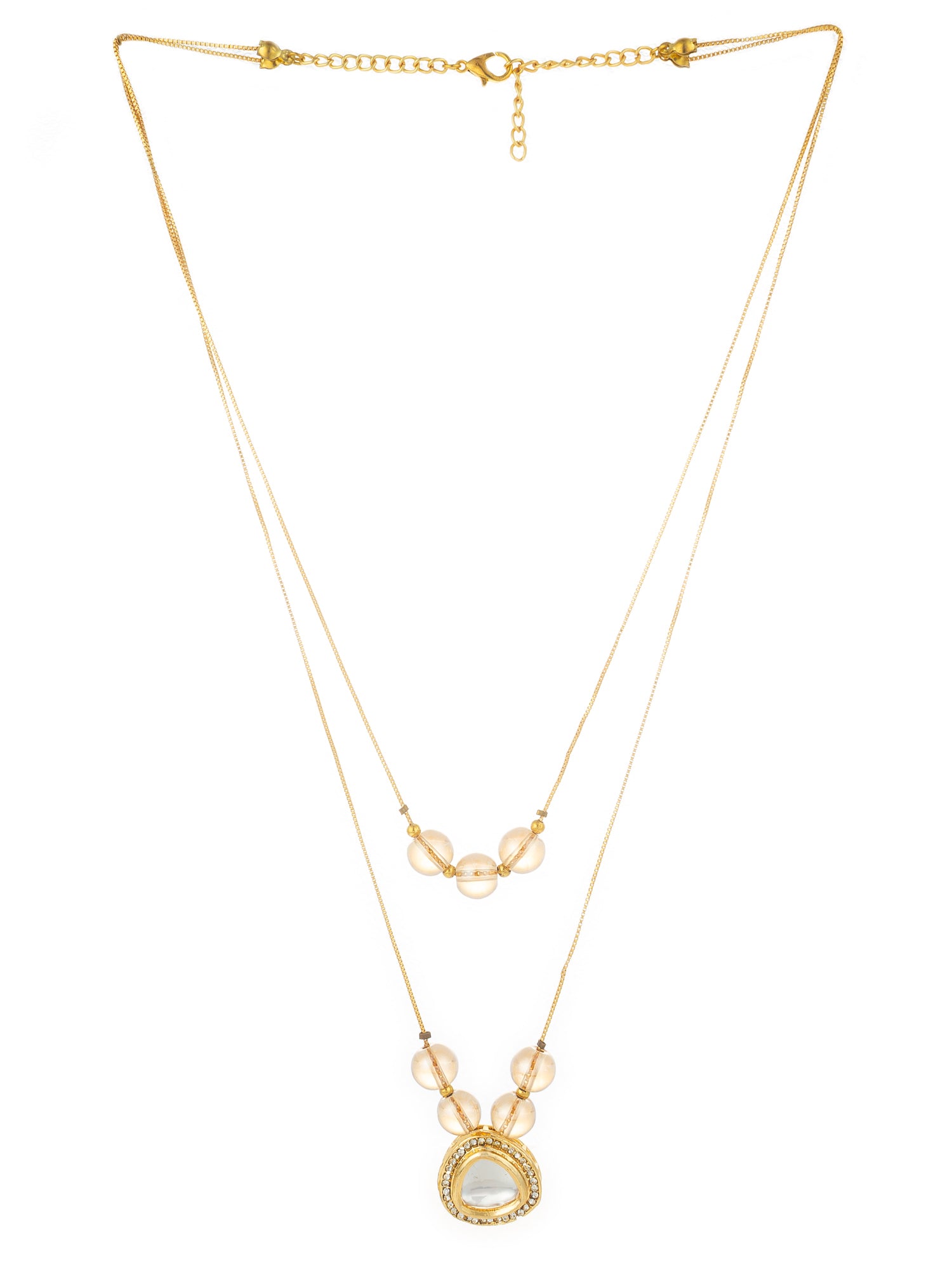 Aadita Gold Plated Double Layer Kundan Necklace with Crystal Beads and Triangular Pendant