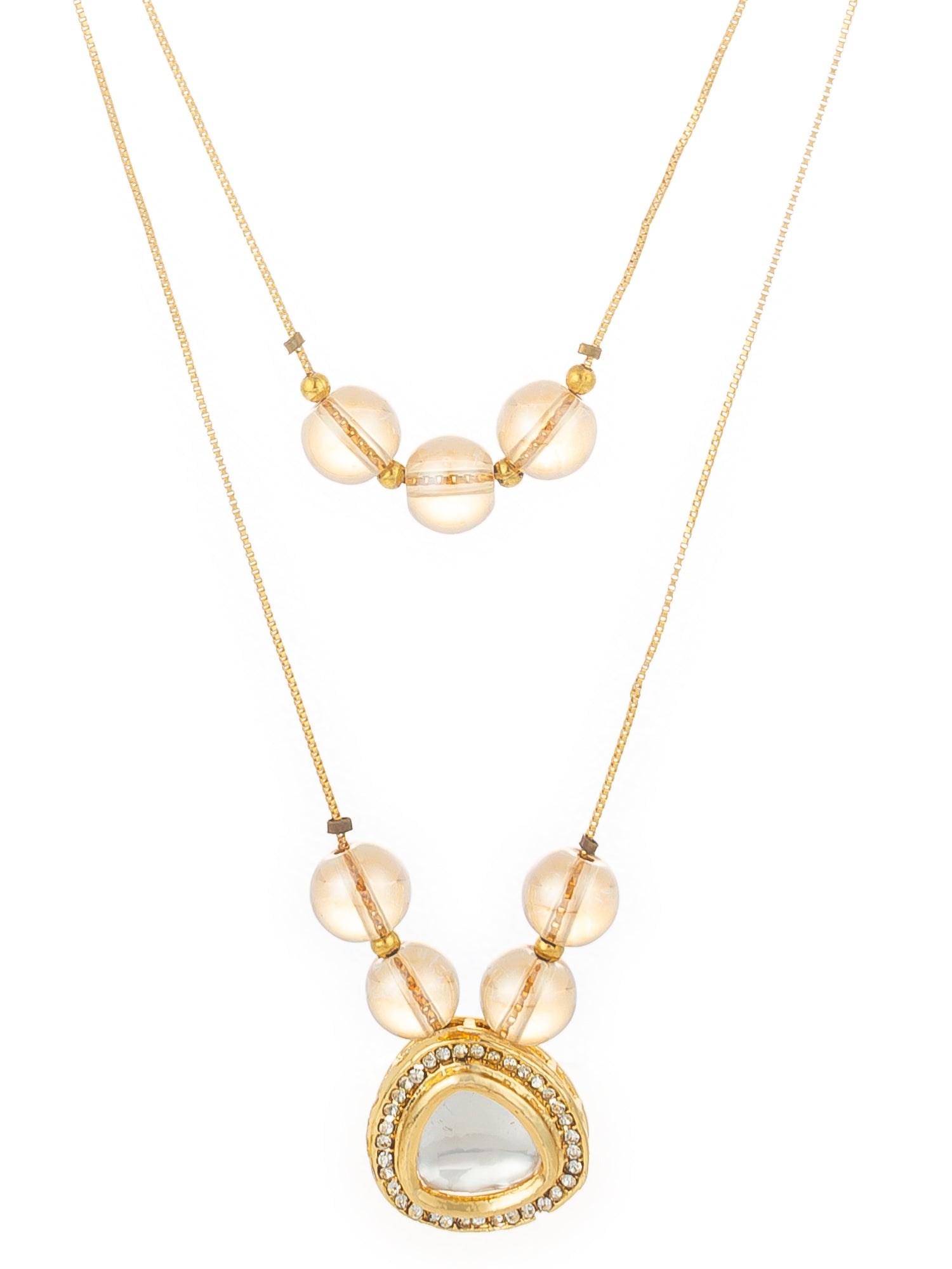 Aadita Gold Plated Double Layer Kundan Necklace with Crystal Beads and Triangular Pendant