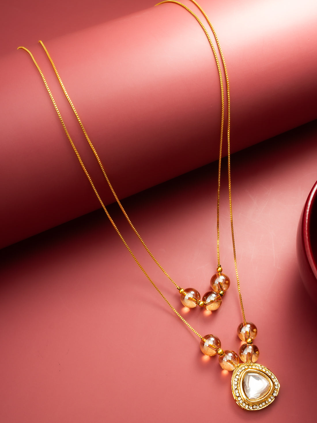 Gold Plated Kundan Necklace with Crystal Beads and Triangular Pendant