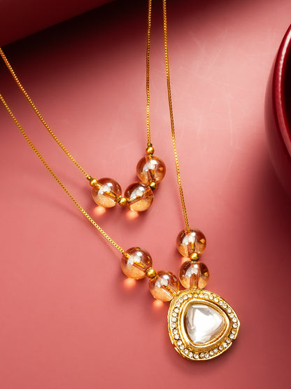 Aadita Gold Plated Double Layer Kundan Necklace with Crystal Beads and Triangular Pendant