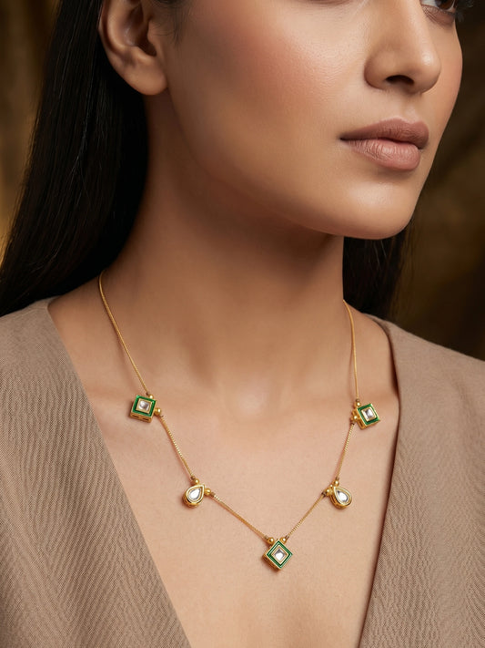 Aadita Gold Plated Kundan Necklace with Green Enamel and Multi-Shape Pendants