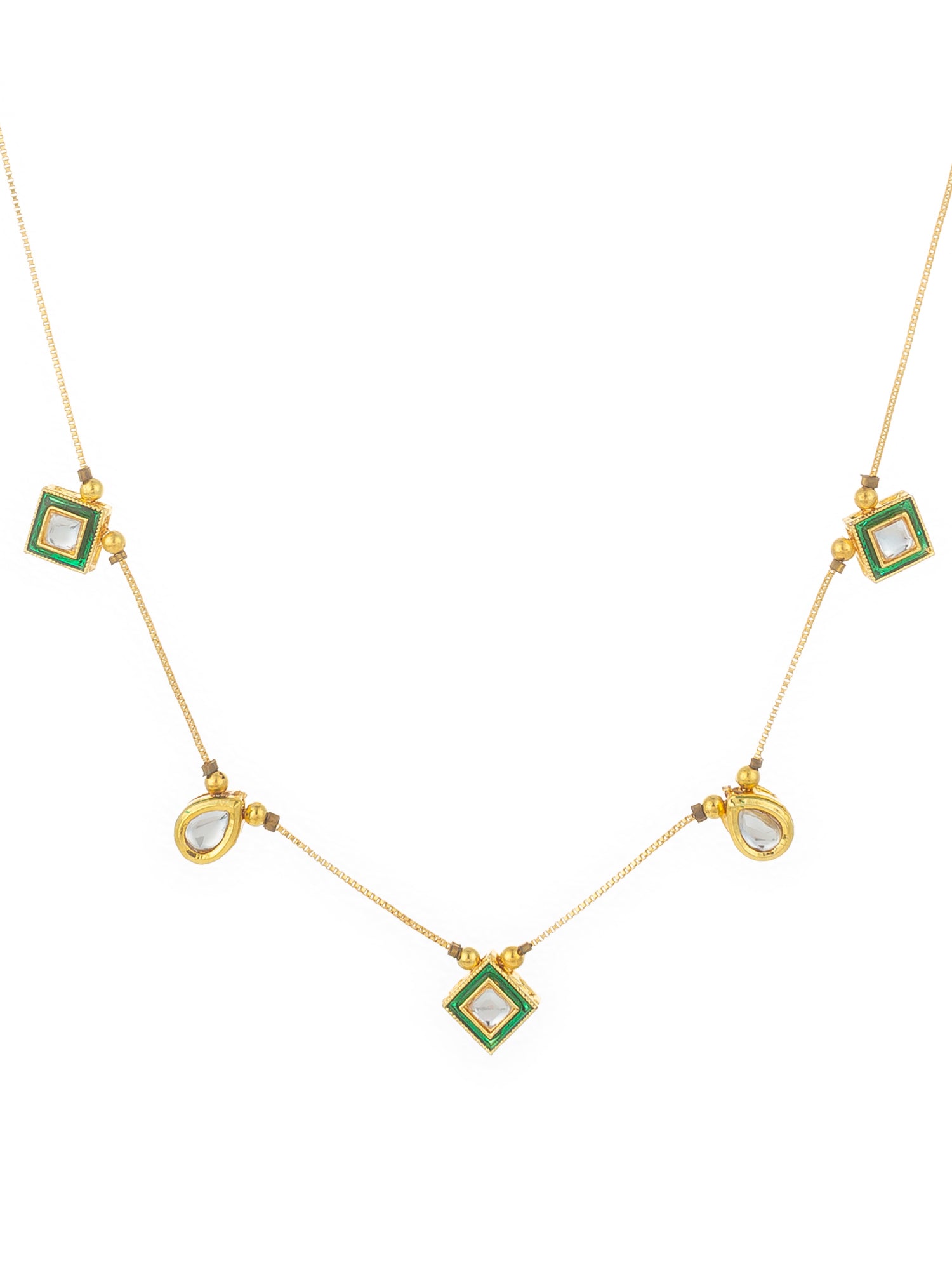Aadita Gold Plated Kundan Necklace with Green Enamel and Multi-Shape Pendants