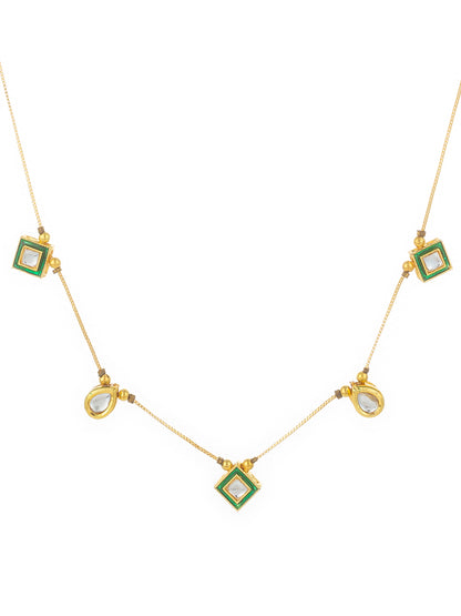 Aadita Gold Plated Kundan Necklace with Green Enamel and Multi-Shape Pendants