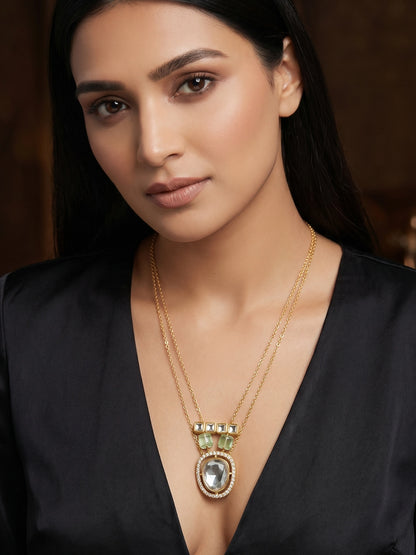 Aadita Gold Plated Double Chain Kundan Pendant Necklace with Mint Green Stone Accents