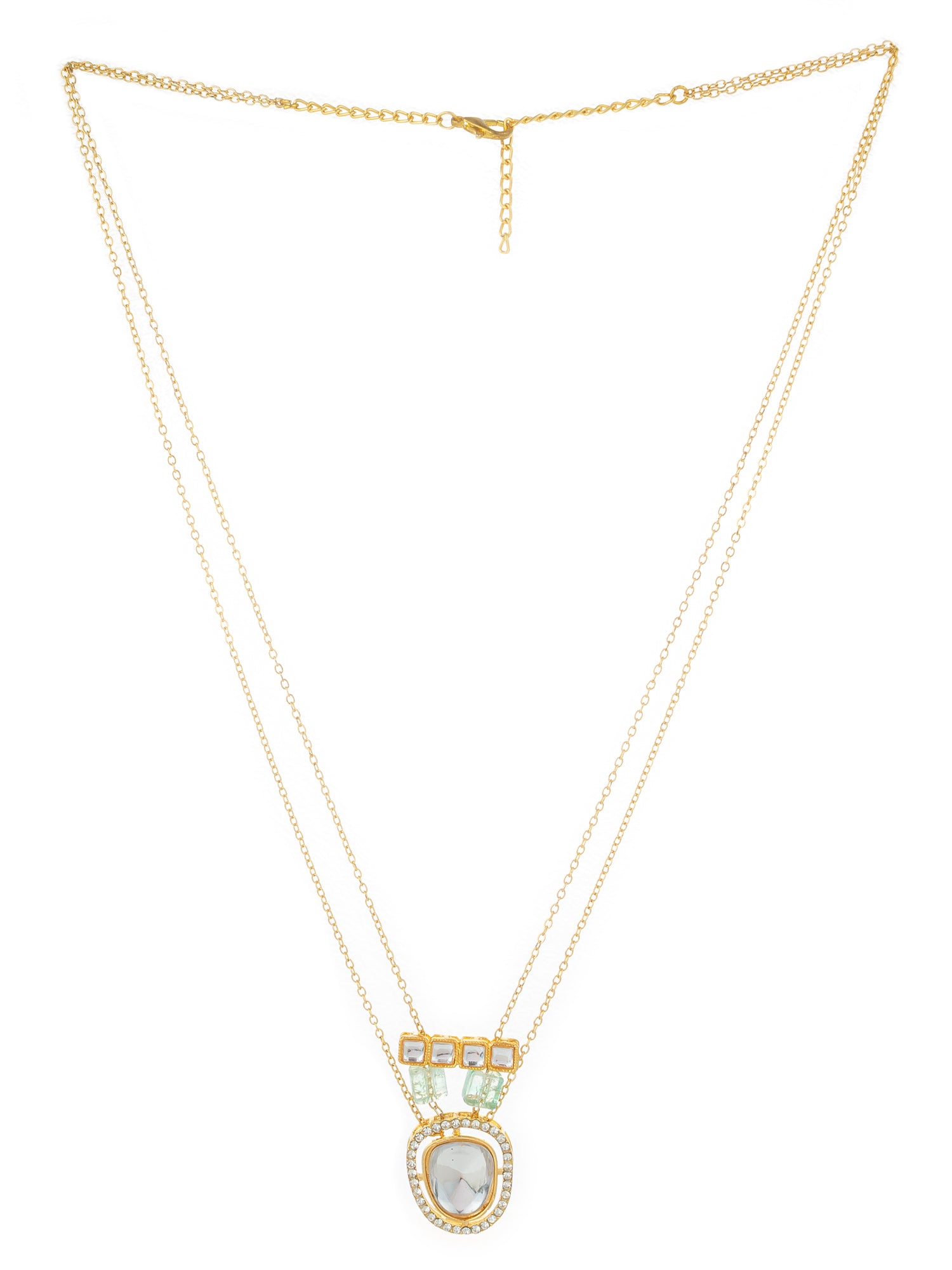 Aadita Gold Plated Double Chain Kundan Pendant Necklace with Mint Green Stone Accents