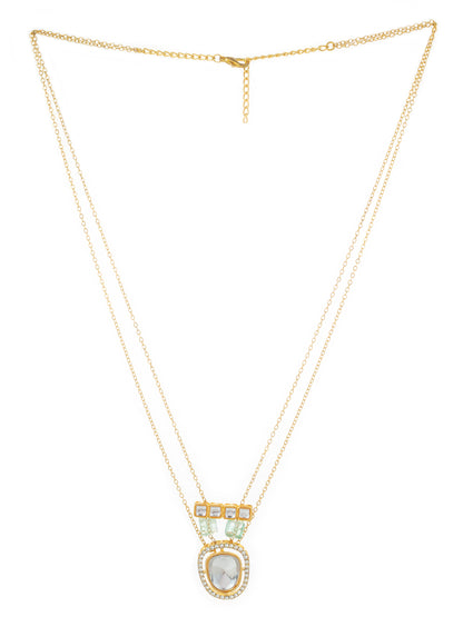 Aadita Gold Plated Double Chain Kundan Pendant Necklace with Mint Green Stone Accents