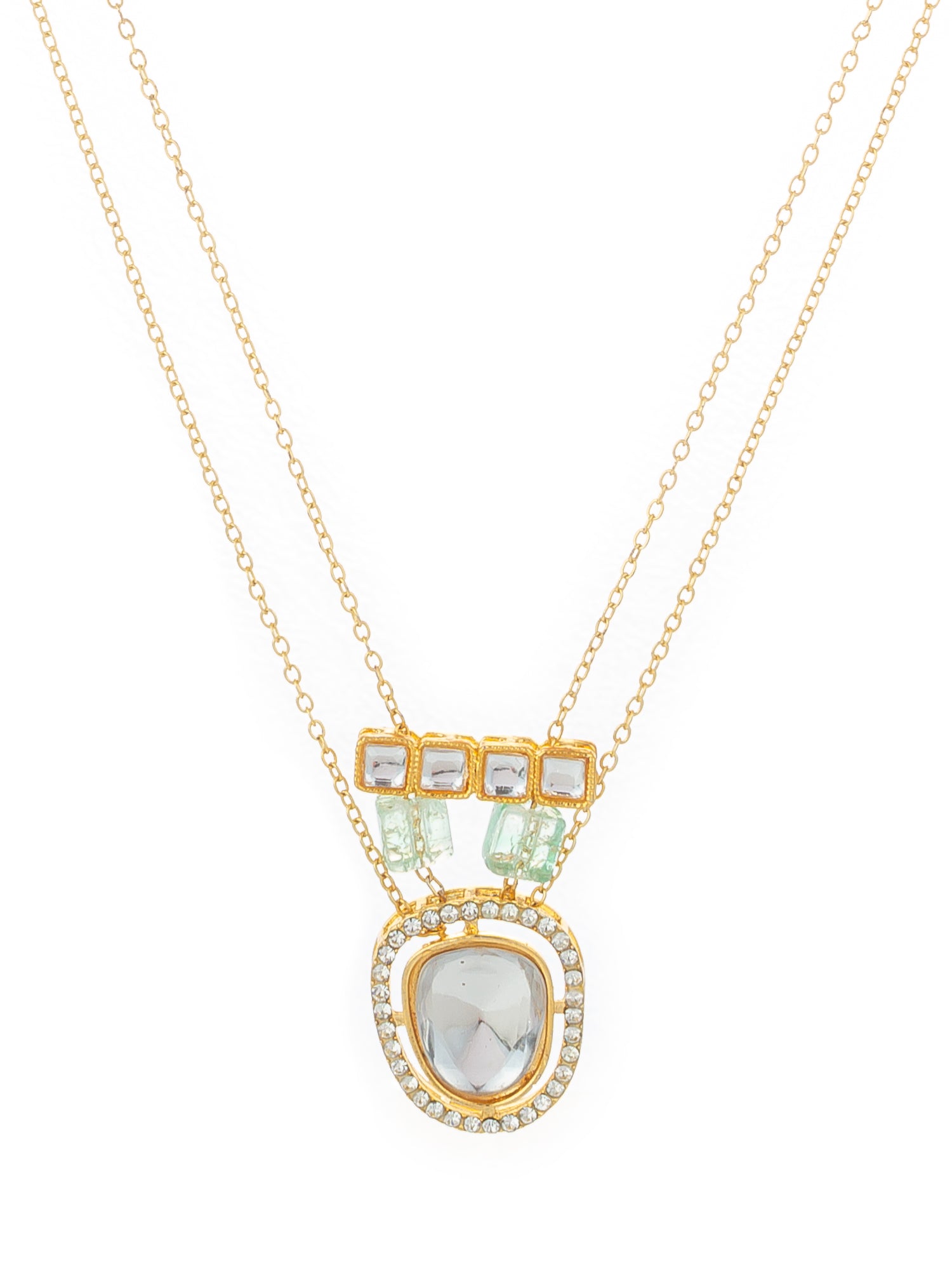 Aadita Gold Plated Double Chain Kundan Pendant Necklace with Mint Green Stone Accents