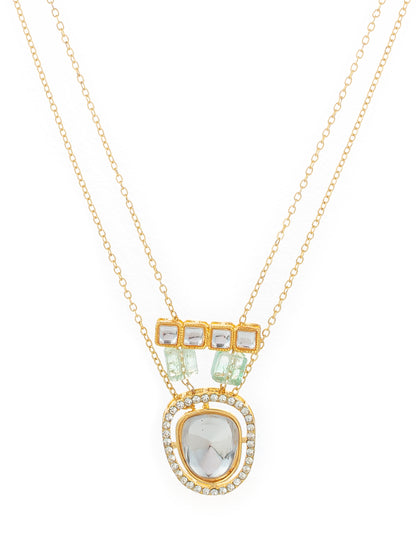 Aadita Gold Plated Double Chain Kundan Pendant Necklace with Mint Green Stone Accents