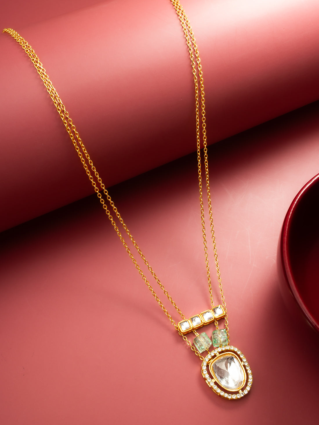 Gold Plated Chain Kundan Pendant Necklace with Mint Green Stone