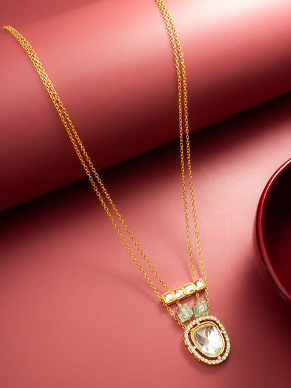 Aadita Gold Plated Double Chain Kundan Pendant Necklace with Mint Green Stone Accents