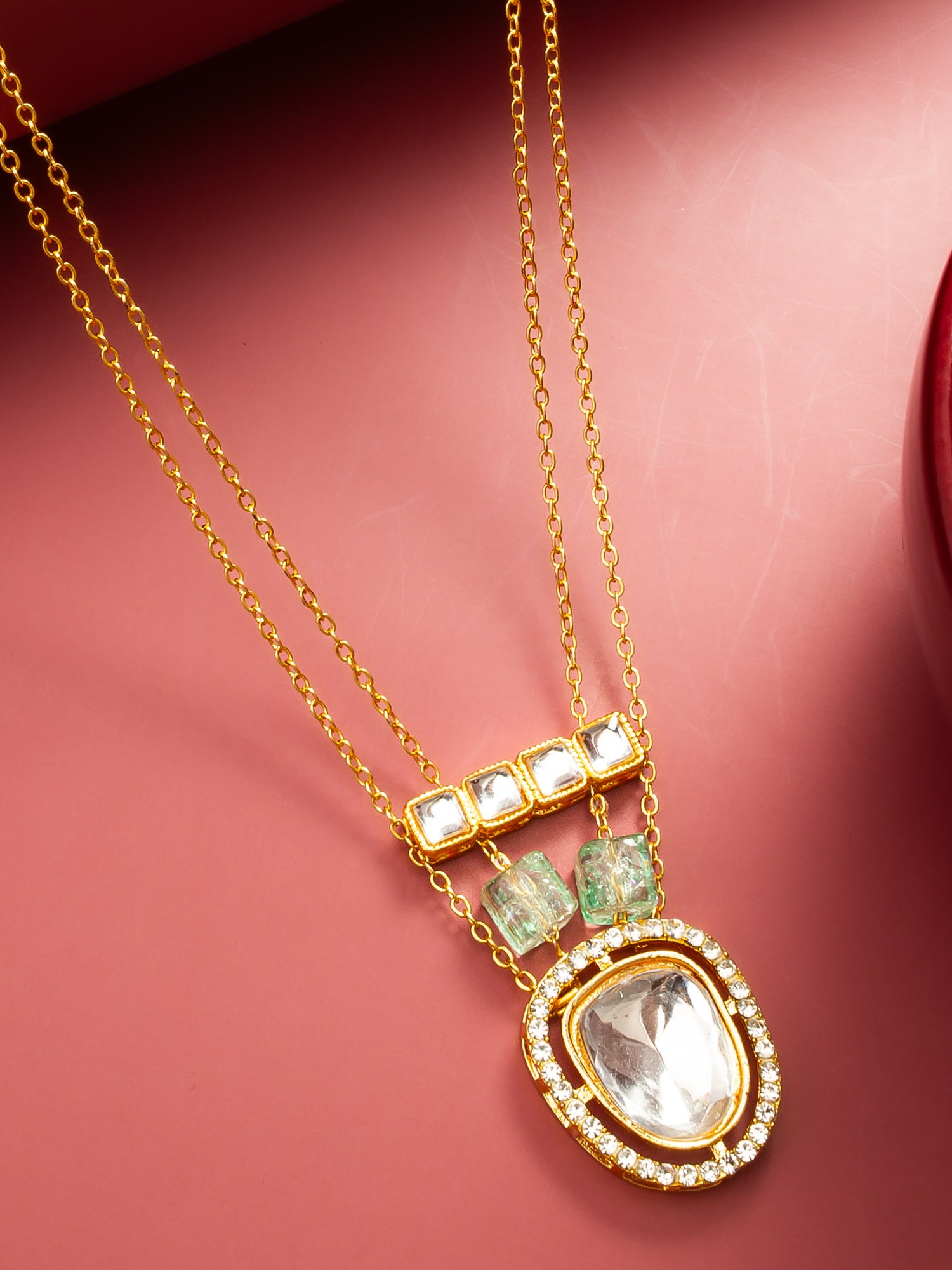 Aadita Gold Plated Double Chain Kundan Pendant Necklace with Mint Green Stone Accents