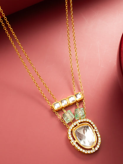 Aadita Gold Plated Double Chain Kundan Pendant Necklace with Mint Green Stone Accents