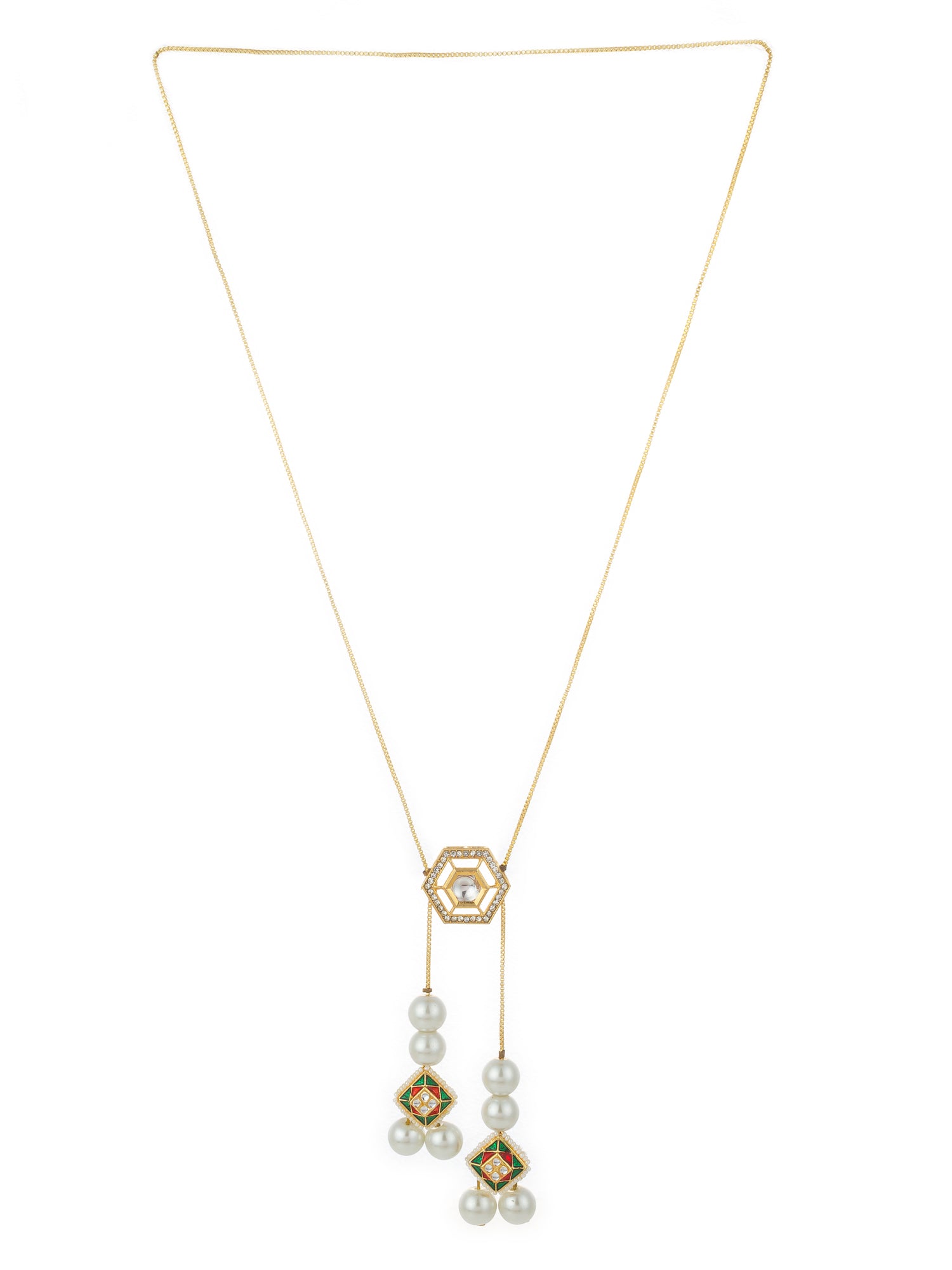 Aadita Gold Plated Long Kundan Lariat Necklace with Hexagonal Pendant, Meenakari Motifs and Pearl Drops