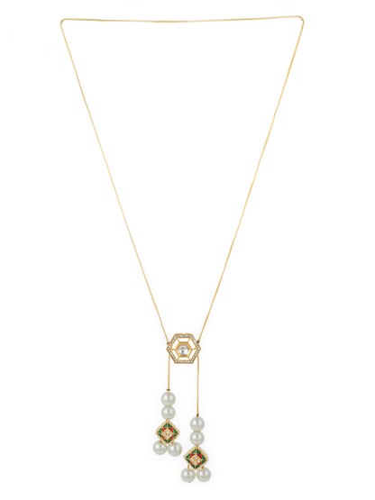 Aadita Gold Plated Long Kundan Lariat Necklace with Hexagonal Pendant, Meenakari Motifs and Pearl Drops