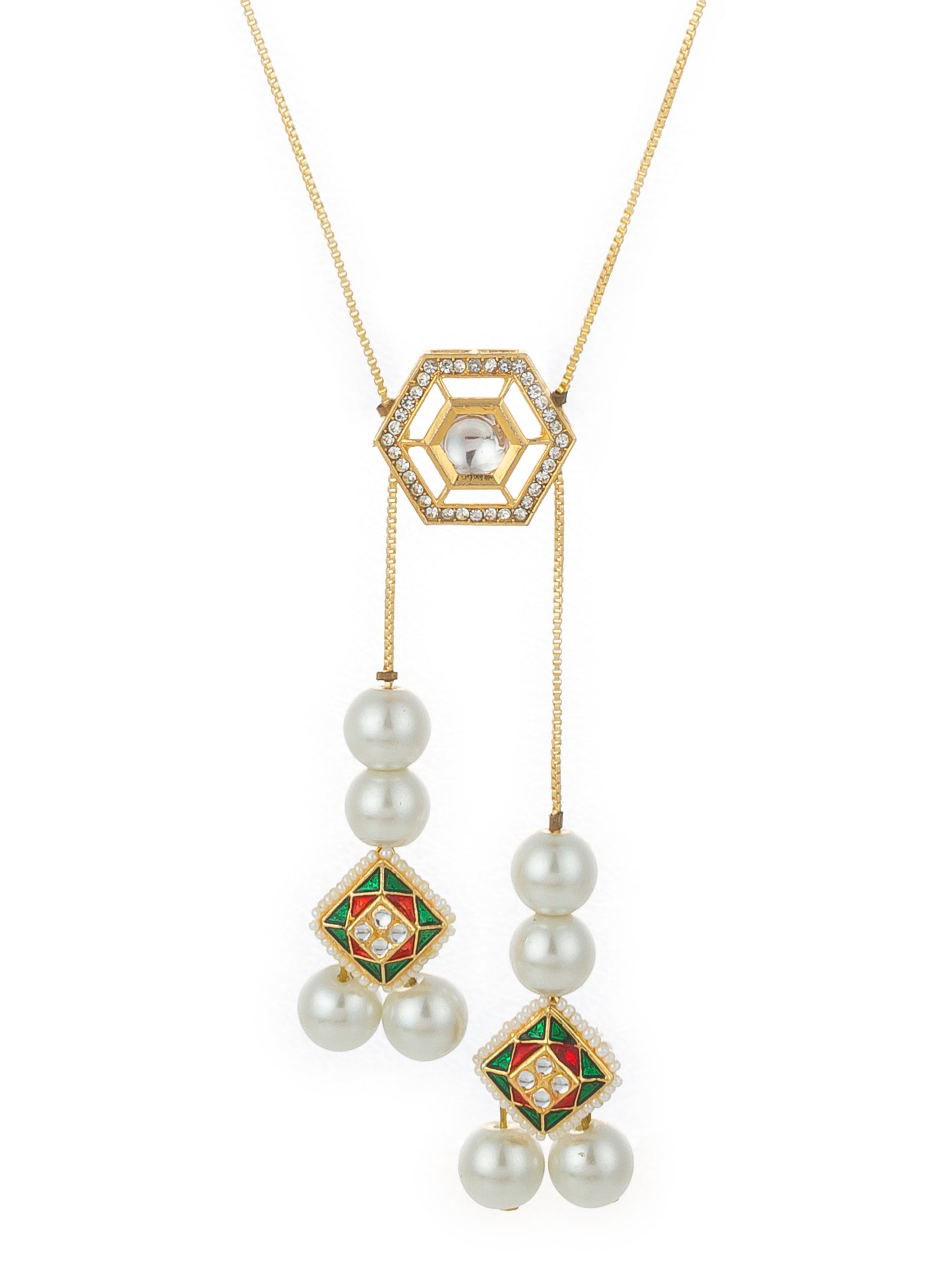 Aadita Gold Plated Long Kundan Lariat Necklace with Hexagonal Pendant, Meenakari Motifs and Pearl Drops