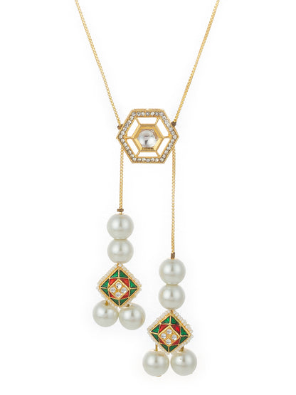 Aadita Gold Plated Long Kundan Lariat Necklace with Hexagonal Pendant, Meenakari Motifs and Pearl Drops