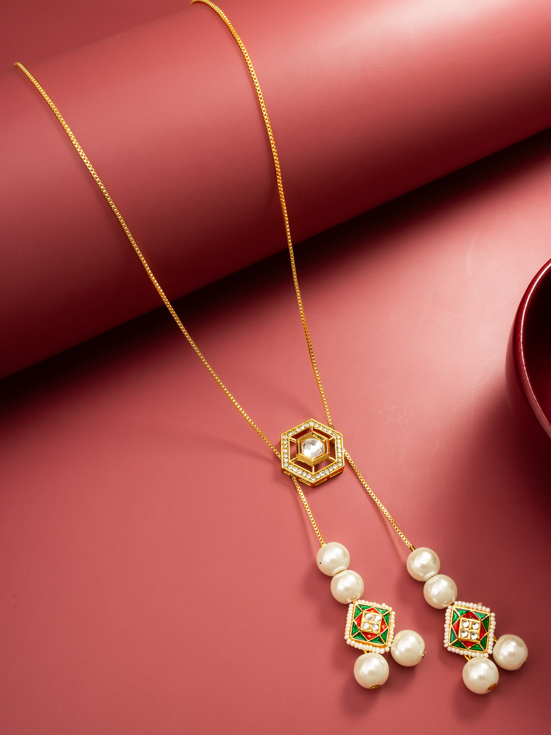 Gold Plated Kundan Lariat Necklace with Hexagonal Pendant, Pearl Drops