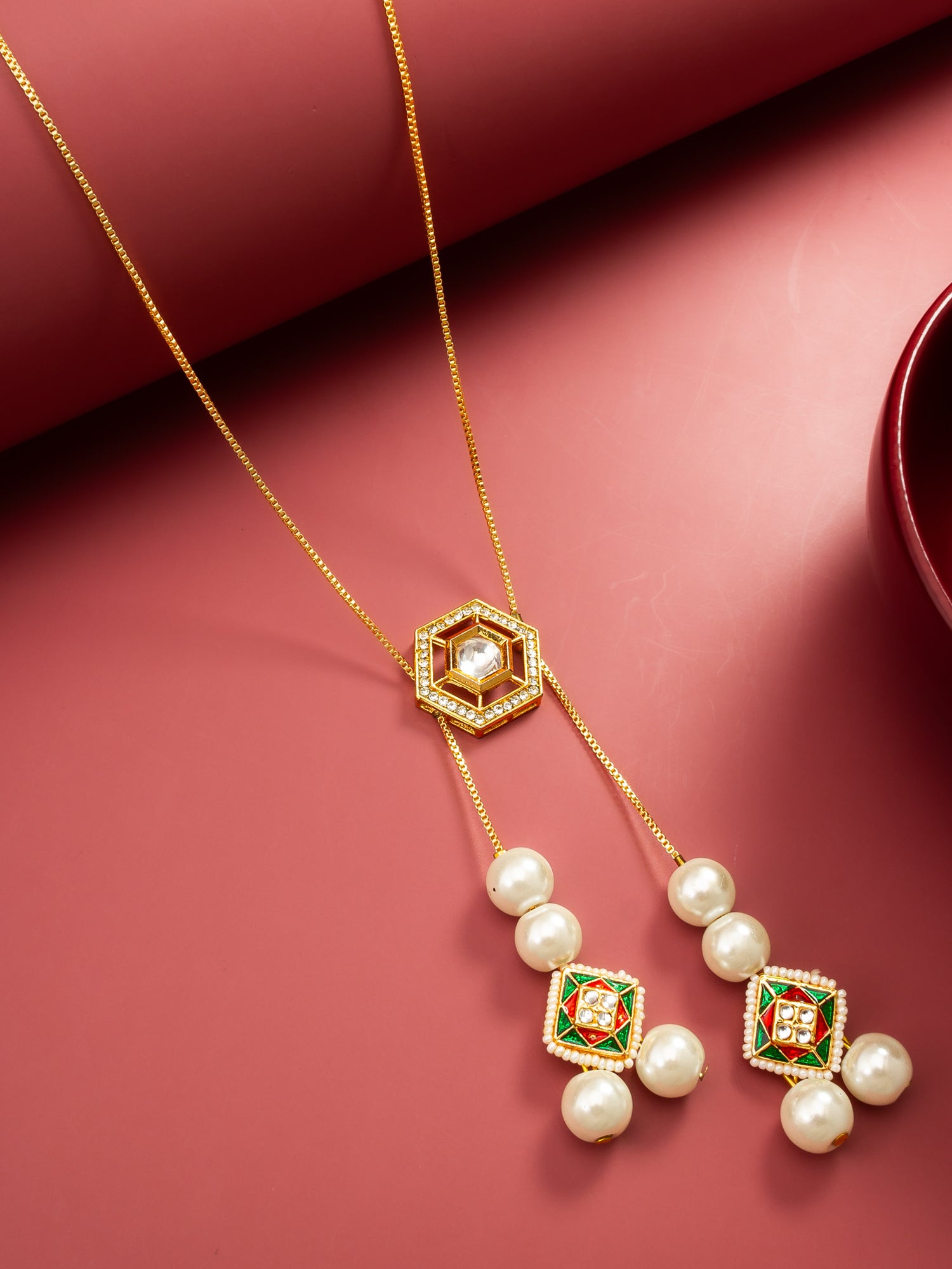 Aadita Gold Plated Long Kundan Lariat Necklace with Hexagonal Pendant, Meenakari Motifs and Pearl Drops