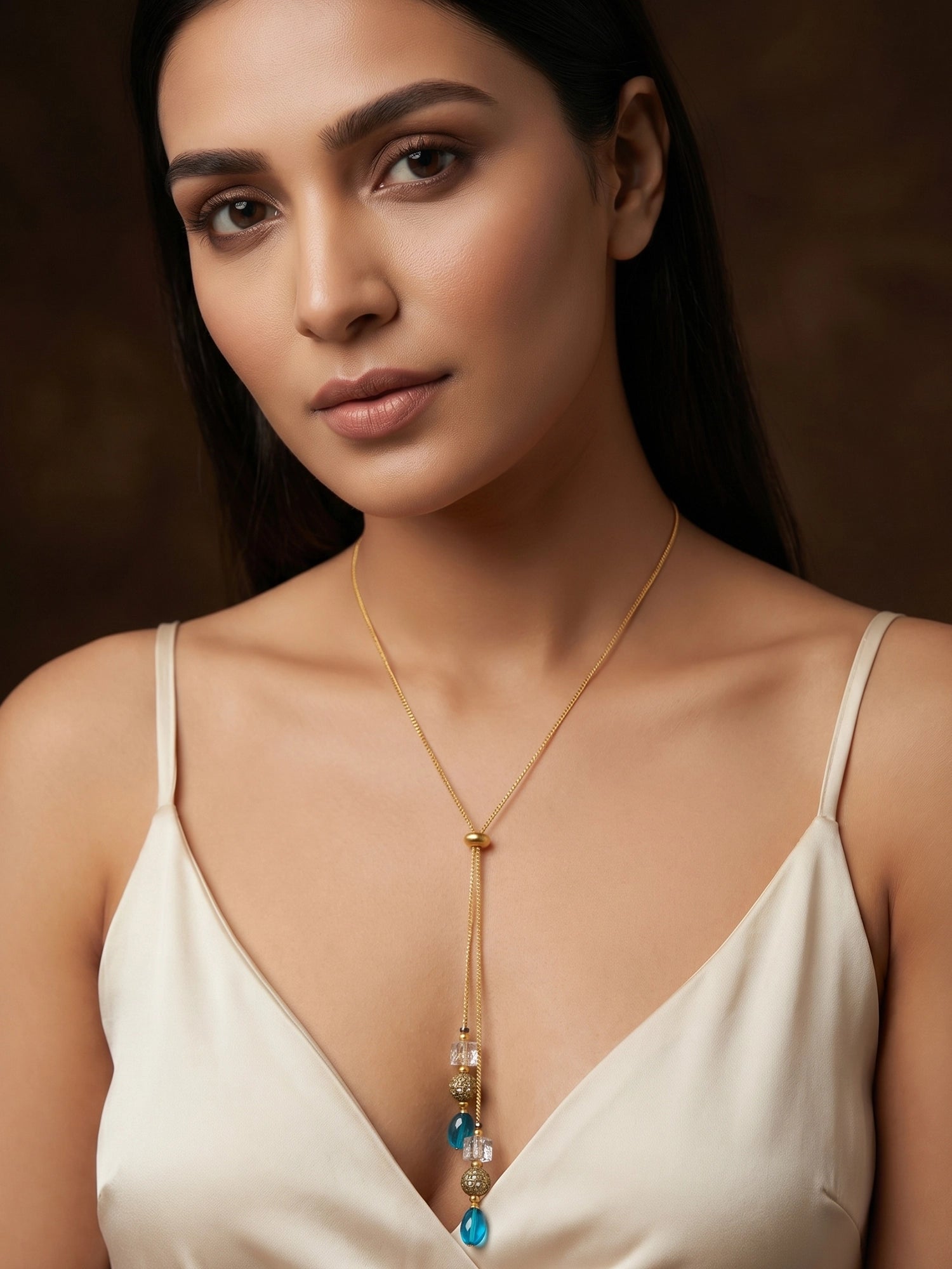 Aadita Gold Plated Lariat Drop Necklace with Blue Onyx and Crystal Beads