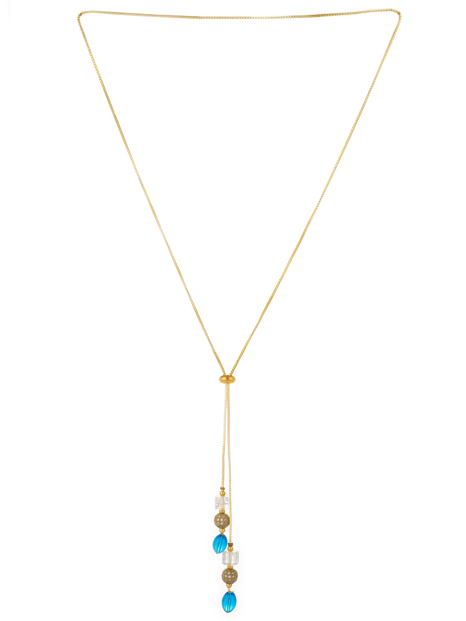 Aadita Gold Plated Lariat Drop Necklace with Blue Onyx and Crystal Beads