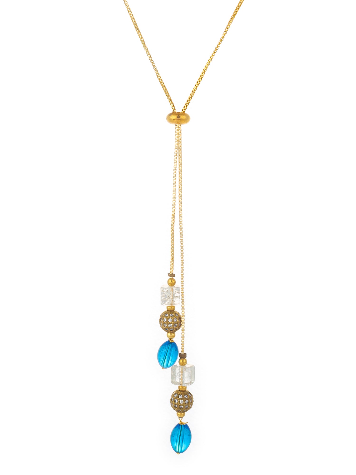 Aadita Gold Plated Lariat Drop Necklace with Blue Onyx and Crystal Beads