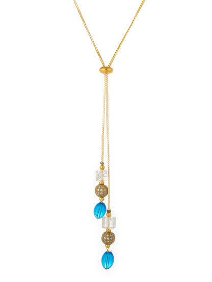 Aadita Gold Plated Lariat Drop Necklace with Blue Onyx and Crystal Beads