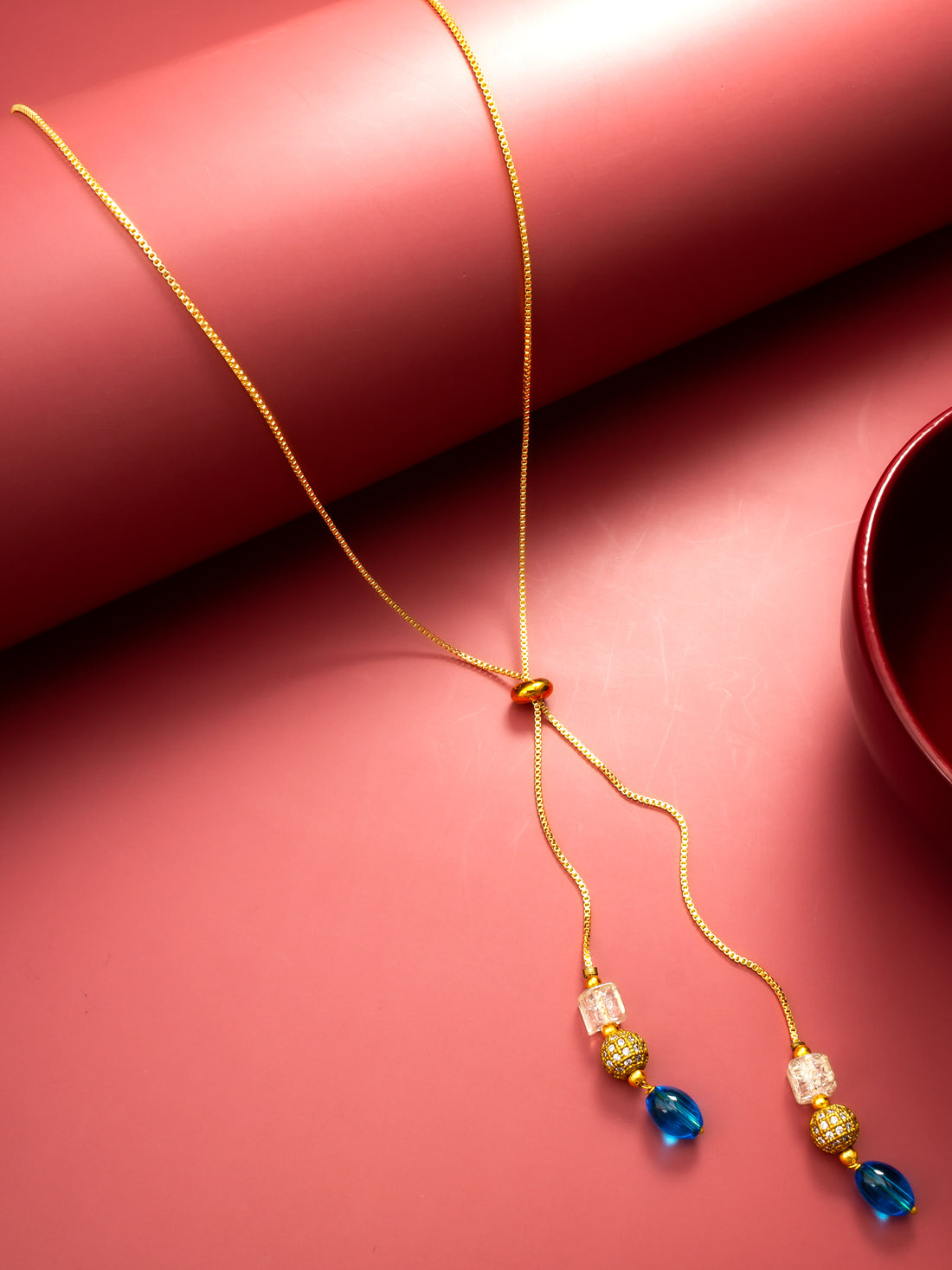 Gold Plated Lariat Drop Necklace with Blue Onyx and Crystal Beads